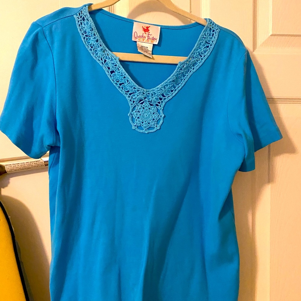 Quacker Factory turquoise V neck top with crochet detailing. 100% cotton.